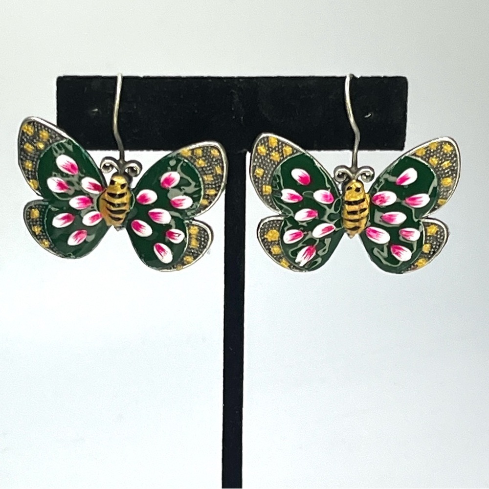 Bold Enamel Butterfly Earrings Green Floral Wings Heavy Dangle Pierced Earrings